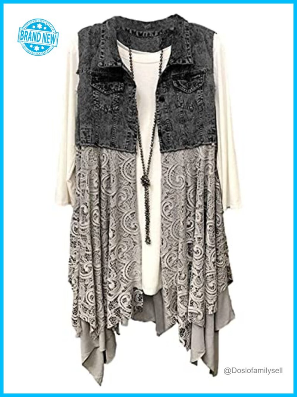 Sleeveless Denim Vest Ripped Draped Patchwork Cardigan Lace Hem Midi